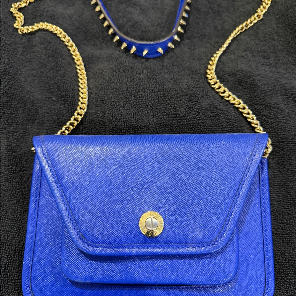 Henri Bendel West 57th crossbody in blue saffiano leather with gold hardware